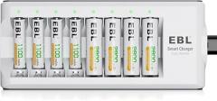 EBL Rechargeable Batteries with Charger, 1.2V NiMH AA Batteries 2800mAh 4Counts & AAA Batteries 1100mAh 4Counts with 8-Bay Smart Battery Charger
