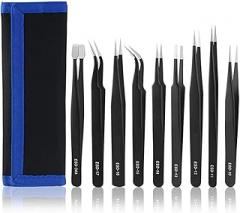 Precision Tweezers Set 9PCS,Stainless Steel Antistatic Multifunctional Tweezers Set Electronic Repair Tool Kit for Electronics,Soldering, Craft, Jewelry