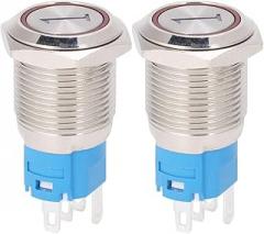 16mm Momentary Push Button Switch 2pcs Flat Round 5 Pin LED Digit 1 Stainless Steel (3-6VDC)
