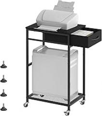 CADUKE 2 Tier PC Stand - Black Computer Tower Stand with Fabric Drawer, Modern Printer Stand with Wheels, Under Desk for Office & Study Room