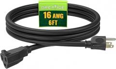 Extension Cord 6 FT, Outdoor 16/3 SJTW Weatherproof Black Electrical Cords, 13 AMP 3 Prong Power Cable Great for Garden, Landscaping & Holiday Decorations