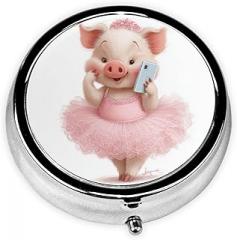 Cute Whimsical Pig Holding A Mobile Phone Round Pill Case, Portable Pill Box for Pocket Metal Medicine Vitamin Organizer 3 Compartment Three Times A Day