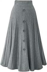 Higohome Women's Knitted Skirts with Button Elastic Waist A-Line Pleated Long Casual Dress