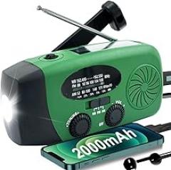 Emergency Weather Radio, 2000mah Solar Hand Crank Radio, AM/FM NOAA Portable Battery Powered Radios with Cell Phone Charger, LED Flashlight, SOS Alarm for Camping, Emergencies
