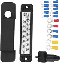 12 Terminal Busbar Block Efficiently Organize Wiring for Cars RVs Yachts ABS Zinc Alloy Brass Stainless Steel (Black)
