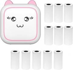 Mini Thermal Printer Multifunction Portable Sticker Instant Photo Inkless Printing Port BT Connection for Smartphone with 11 Paper Rolls 57mm Compatible with iOS Android System for Picture