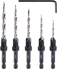 Wood Countersink Drill Bit Set, Newdeli 5Pcs Countersink Drill Bit #4、6、8、10、12, Tapered Drill Bits with 1/4