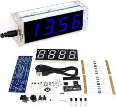 4 Digital DIY Electronic Clock Kit Multicolour LED Time Week Temperature Date Display with Transparent Case Cover (Blue)