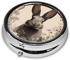 Floral Rabbit Dark Academia Round Pill Case, Portable Pill Box for Pocket Metal Medicine Vitamin Organizer 3 Compartment Three Times A Day