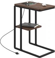 Side Table with Charging Station, Narrow Side Table with USB Ports and Outlets, Bedside Table with 2-Tier Storage, End Table for Bedroom, Brown