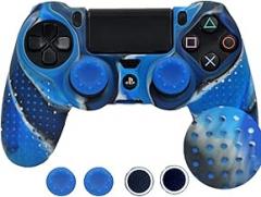 Silicone Case Anti-Slip Protective Grip Cover for PS4 Controller with 4 Thumb Grips(Blue Camo)