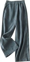Womens Cotton Linen Palazzo Pants Stretch Waist Pleated Solid Wide Leg Pant Loose Casual Lightweight Lounge Trousers