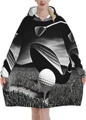 Oversized Flannel Blanket Hoodie For Women And Men Black And White Golf Print Warm Wearable Blanket With Pocket