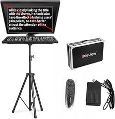 Desview Big Teleprompter 17 inch Computer Laptop Prompter Support Word TXT PDF for DSLR DV Cameras Video Recording News Live Interview, with Tripond, Suitcase, Wireless Remote and Foot Control