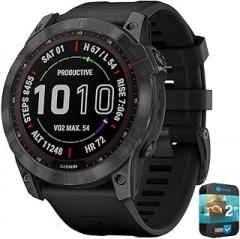 Garmin 010-02541-10 Fenix 7X Sapphire Solar Smartwatch Carbon Gray DLC Titanium with Black Band Bundle with 2 YR CPS Enhanced Protection Pack