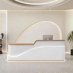 64IN Reception Desk - Modern Front Office Desk with LED Lighting & Spacious Storage, No-Assembly Checkout Retail Counter, Durable Solid Wood for Corporate/Lobby, Customizable Logo, White A