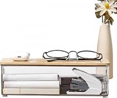 Stationery Organizer Box, Transparent Box with Lid - Cosmetic and Jewelry Storage Box,Stackable Containers with Wooden Lid for Books, Electronic Cabinet