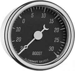 GlowShift Classic Series 30 PSI Turbo Boost Pressure Gauge Kit - Includes Electronic Sensor & Wiring Harnesses - Black Dial - White LED - Vintage Style Design - 2-1/16