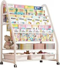 Book Shelf 3-Tier Bookshelf with Storage Rack and 3 Boxes Magazine Rack Metal Painting Book Pulley Floor Newspaper Rack for Living Room