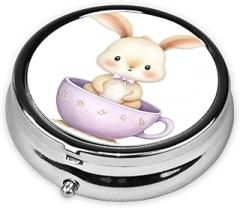 Cute Little Bunny in A Vintage Cup Round Pill Case, Portable Pill Box for Pocket Metal Medicine Vitamin Organizer 3 Compartment Three Times A Day