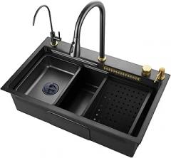 Grey/White/Golden Waterfall Sink Kitchen 304 Stainless Steel Sink Large Single Slot with Waterfall Faucet Kitchen Accessories(75X46X20 GREY)