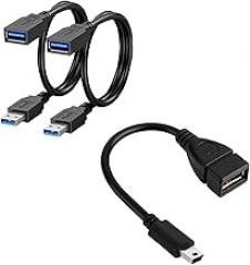 SaiTech IT Mini USB OTG Cable for Digital Cameras Bundle with 2 Pack Short Length 1 Feet USB 3.0 Extension Cable - Black