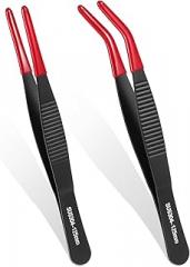 Guduling 2pcs Silicone Tweezers, Rubber Tipped Tweezers, Bent & Straight Tip Sewing Tweezers for Stamp Coins Jewelry Crafts, Electronics Black