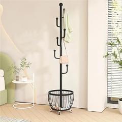Cactus Shaped Mental Coat Rack, Freestanding Clothes Rack with Basket, Multifunctional Hall Tree to Hang Clothes, Hat, Bag for Entryway, Hallway, Bedroom(Black)