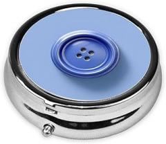 Blue Button Round Pill Case, Portable Pill Box for Pocket Metal Medicine Vitamin Organizer 3 Compartment Three Times A Day