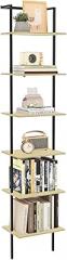 6-Tier Ladder Shelf, 77 Inches Wall Mounted Ladder Bookshelf with Metal Frame, Wood Tall Open Storage Rack and Display Shelves for Home Office Bedroom Living Room, Light Oak