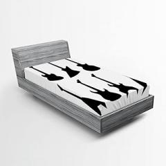 Ambesonne Rock Music Fitted Sheet, Various Guitar Silhouettes Acoustic Electronic Bass Abstract String Instruments, Bed Cover with All-Round Elastic Deep Pocket for Comfort, Twin XL Size, Black White