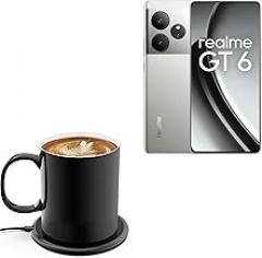 BoxWave Charger Compatible with Realme GT 6 - HottieMug with Wireless PowerDisc Charger (15W), Qi Mug Warmer Coffee Desktop - Jet Black