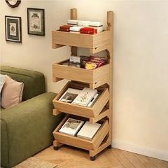 4 Tiers Solid Wood Fruit Basket Stand, Multifunctional Rolling Storage Cart with Wheels, Freestanding Utility Shelf for Pantry, Office, Living Room, Kitchen(Natural)
