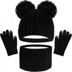 Chinyuti Kids Winter Beanie Hat Scarf Touchscreen Gloves Set, Fleece Lining Boys Girls Winter Hat Neck Warmer Gloves for 1-6 Years