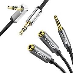 UGREEN Headphone Splitter 3.5mm Audio Stereo Y Splitter Cable with 3.5mm Audio Cable Male to Male 90 Degree Right Angle 1.5FT