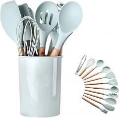 Silicone Cooking Utensils Kitchen Utensil Set - 446°F Heat Resistant,Turner Tongs,Spatula,Spoon,Brush,Whisk. Wooden Handles Gray Kitchen Gadgets Tools Set for Nonstick Cookware(Mint Green-12pcs)