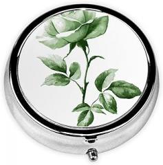 Real Rose with Leaves Round Pill Case, Portable Pill Box for Pocket Metal Medicine Vitamin Organizer 3 Compartment Three Times A Day