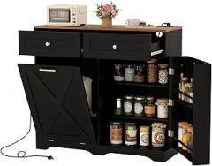 Giantex Kitchen Island with Tilt Out Trash Can Cabinet 10 Gallon, Power Outlet, 2 Drawers, Adjustable Shelves, Hidden Storage Garbage Bin Cabinet for Dining Room Laundry Room (Black+Walnut)