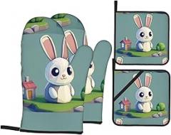 Electronic Rabbit Oven Mitts and Pot Holders Set Silicone Heat Resistant Kitchen Gloves Kitchen Mittens Pot Holders for BBQ Cooking Baking Grilling