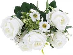 Milisten 7-Head White Elegant Rose Artificial Flowers Faux Floral Bouquet Realistic Fake Roses Wedding Table Centerpieces Home Decor Photography Prop