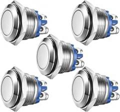 5pcs Momentary Push Button Screw Type terminals Stainless Steel Metal Waterproof Button 16mm 2A 12V/24V/125V/250V with 2 Screw Terminals Stainless Steel (Flat Head)