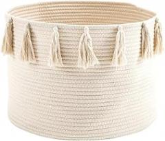 Aboiled Cotton Rope Storage Basket - Creamy White Woven Hamper with 14 Tassels Home Organization
