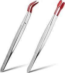 2Pcs Tweezers With Rubber Tips - Silicone Tipped Tweezer Set - Non Marring, Flat Tip, Long Tweezer for Stamp Coins, Jewelry, Crafts, Industrial & Electronic Tools (Red)