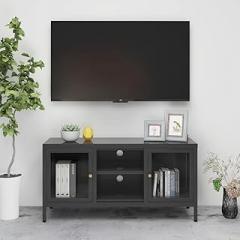 Modern Anthracite TV Cabinet with Tempered Glass Doors and Adjustable Shelves, Powder-Coated Steel Frame for Living Room Storage Unit, 3 Compartments for Electronics