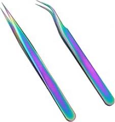 2PCS Stainless Steel Coloured Tweezers Set 1 Straight Tweezers and 1 Curved Tweezers Antistatic Eyelash Tweezers For Diamond Painting Electronics Laboratory Jewellery Making Soldering