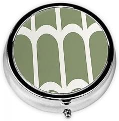 Green White Arch Pattern Minimalist Boho Round Pill Case, Portable Pill Box for Pocket Metal Medicine Vitamin Organizer 3 Compartment Three Times A Day