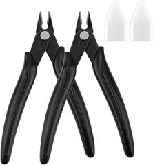 2pcs Micro Wire Cutters, Anti-Slip Stainless Steel Rubber Black Flush Cutter with 2 Plastic White Covers Portable Hand Tools for Floral Electronics Jewelry Model Craft