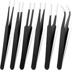 6Pcs Precision Tweezers Set Anti-Static Industrial Stainless Steel Tweezers for Electronics Repair, Model Building, Soldering, Craft, Laboratory Work