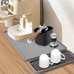 Silicone Coffee Machine Mat Set - Large & Small Dish Drying Mats Countertop , Foldable Spill Containment (White)(03)