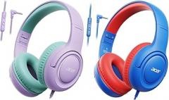 [Purple Green+Blue Red] Kids Headphones Wired for School - Over-Ear 85/94dB Volume Limiter, 3.5mm Jack Foldable Stereo Sound Headset for Toddlers Girls Boys Travel Learning Entertainment Tablet Kind